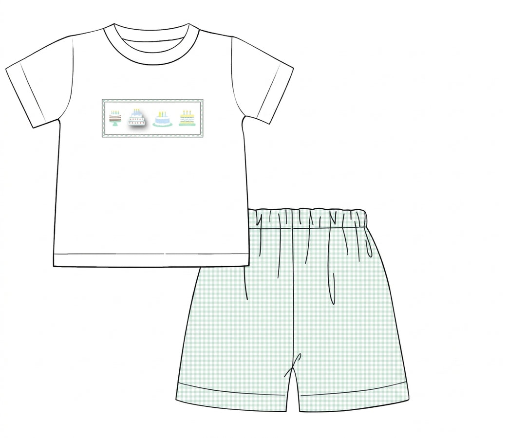 Boys white birthday cake short set with blue gingham shorts