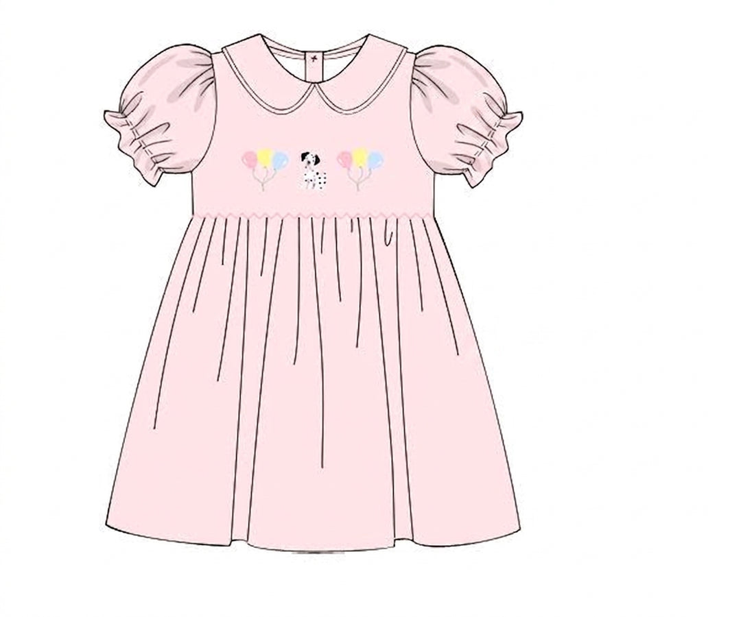 Pink girls dress with puppy and balloon embroidery