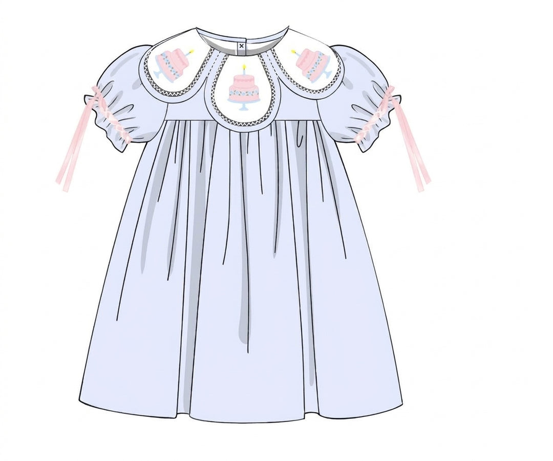 Girls blue heirloom dress with birthday cake embroidery
