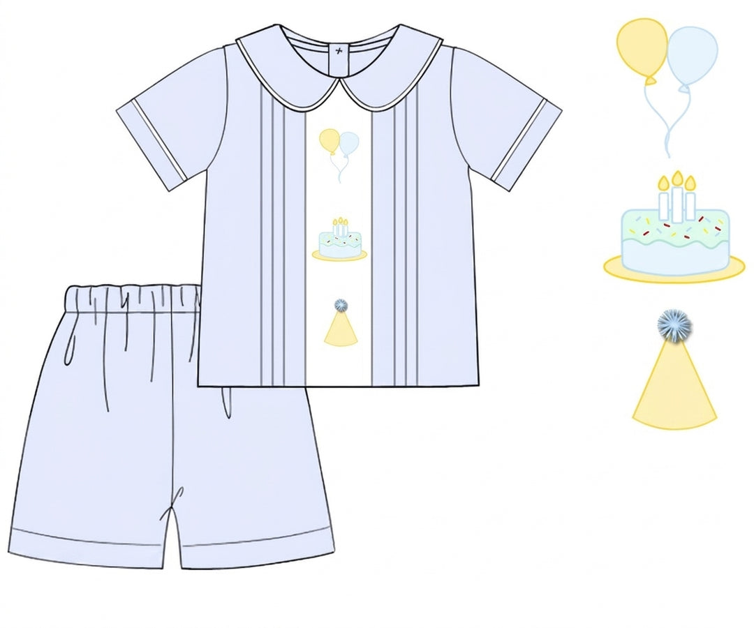 Boys blue short set with birthday embroidery