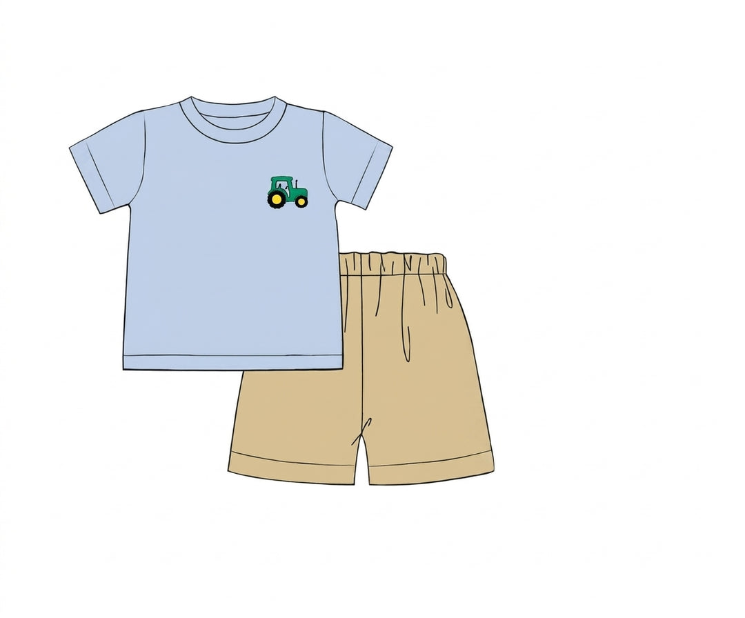Light blue tractor tee with khaki boys shorts