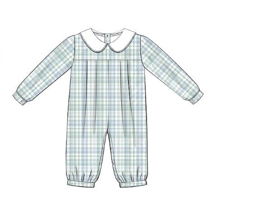 Blue plaid boys longall with white Peter Pan collar