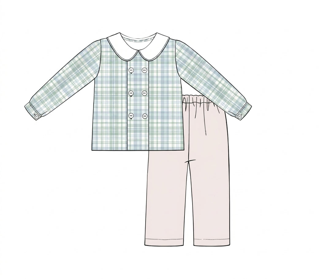Blue plaid boys shirt with pale pants set