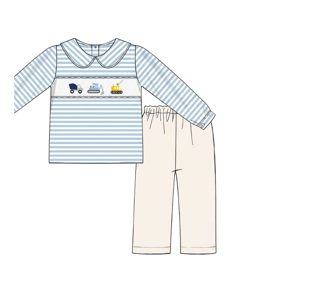 Blue striped construction vehicle shirt with cream pants