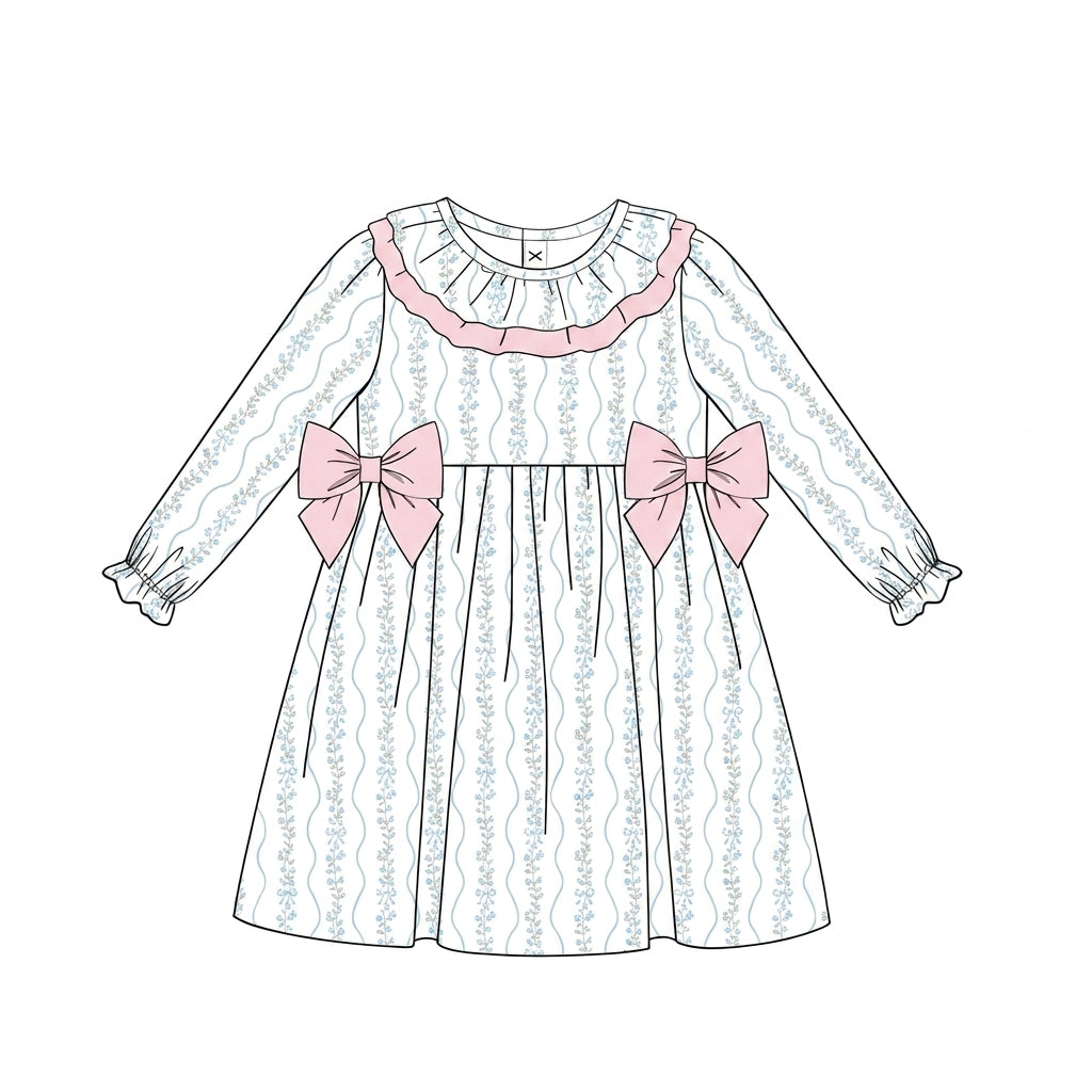 White long sleeve dress with pink bows and ruffle yoke