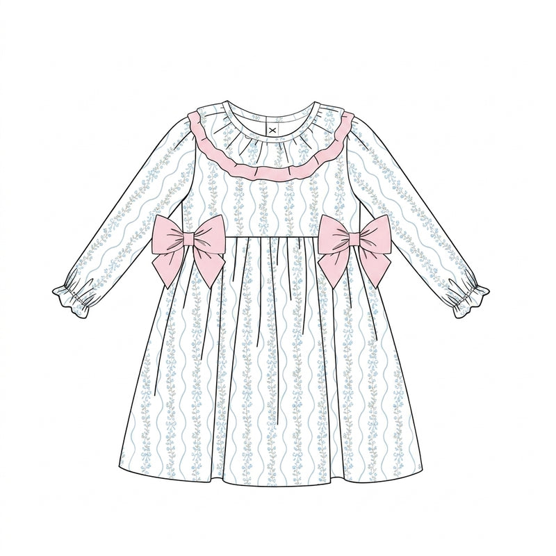 White long sleeve dress with pink bows and ruffle yoke