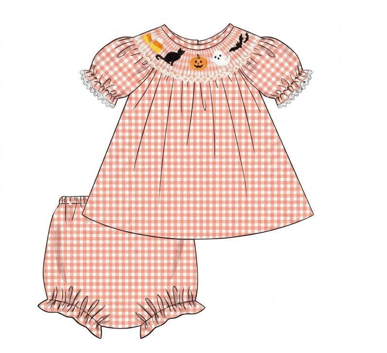 Pink gingham smocked diaper set with bats and pumpkins