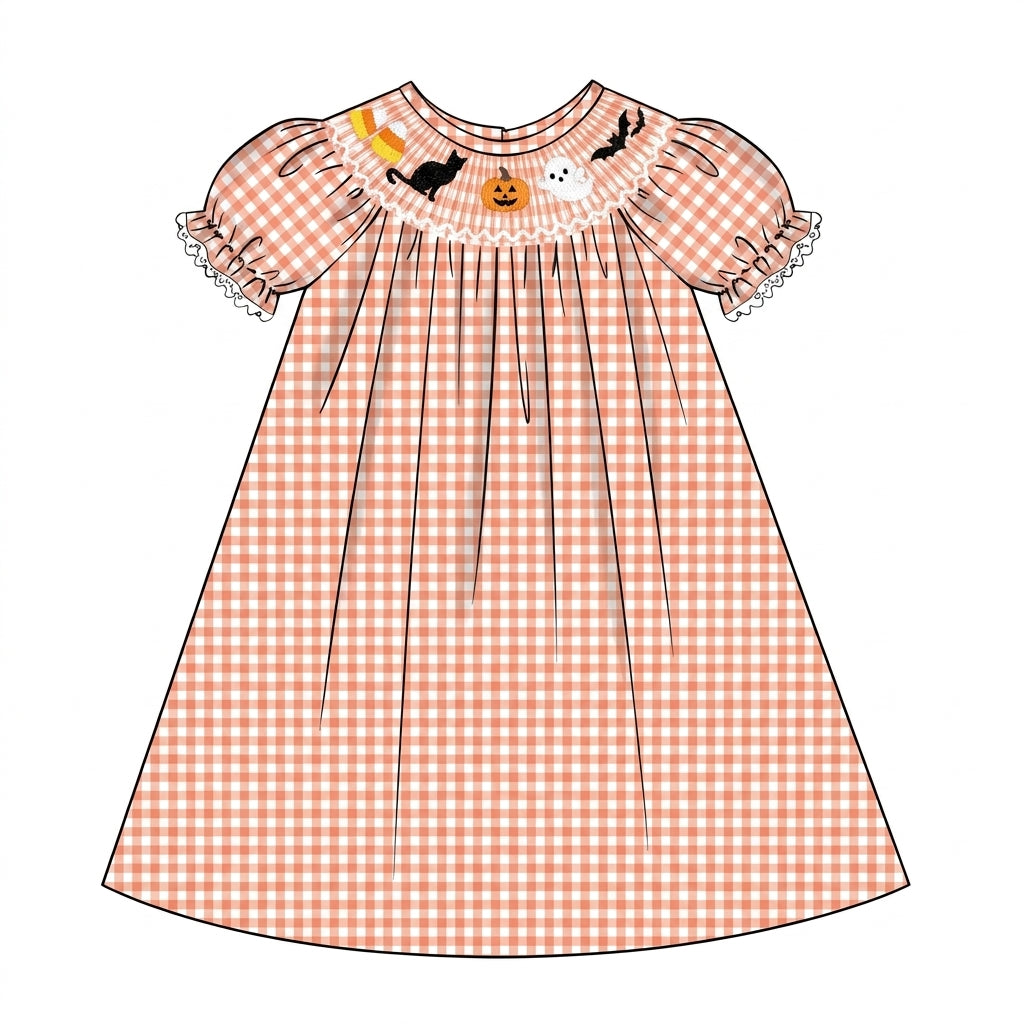 Pink gingham smocked dress with Halloween embroidery