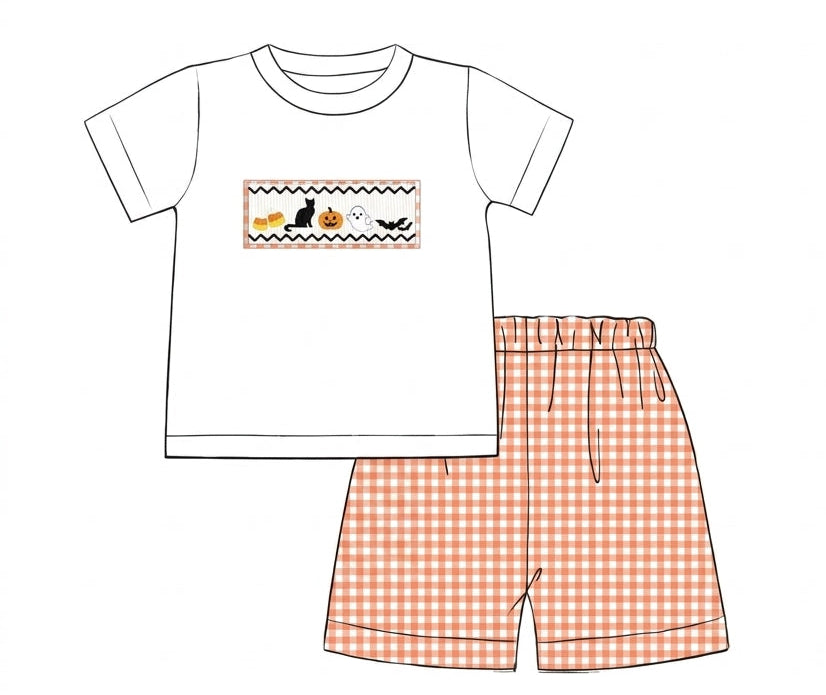White smocked short set with orange gingham shorts