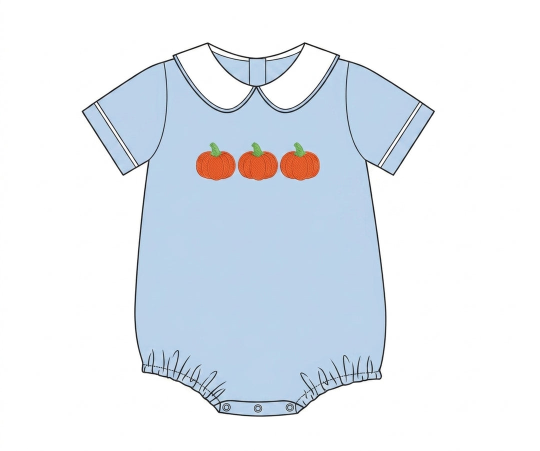 Light blue collared baby bubble with pumpkin embroidery