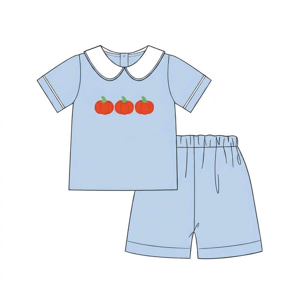 Blue boys short set with pumpkin appliqué top