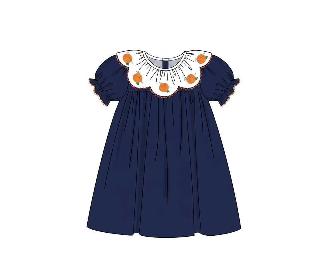 Navy corduroy dress with embroidered pumpkin collar