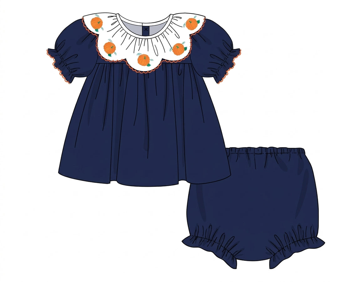 Navy corduroy pumpkin collar dress set with bloomers