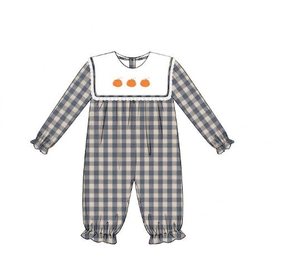 Blue gingham girls romper with white pumpkin bib