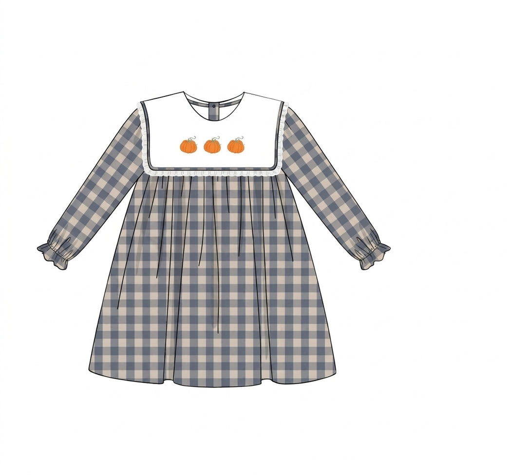 Gray gingham girls dress with embroidered pumpkins