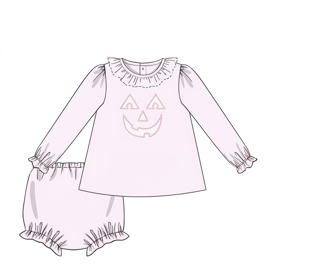 Pink diaper set with jack-o'-lantern embroidery and ruffles