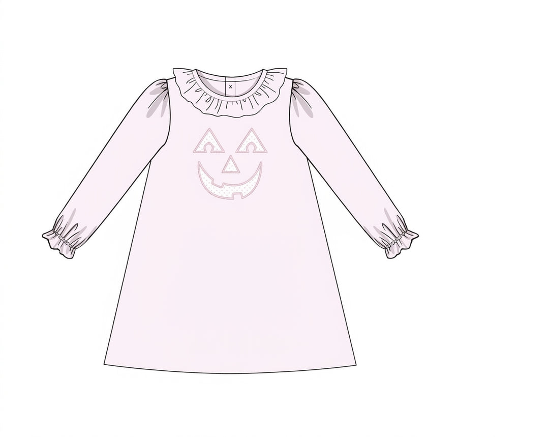 Pink dress with jack-o'-lantern embroidery and ruffled neckline