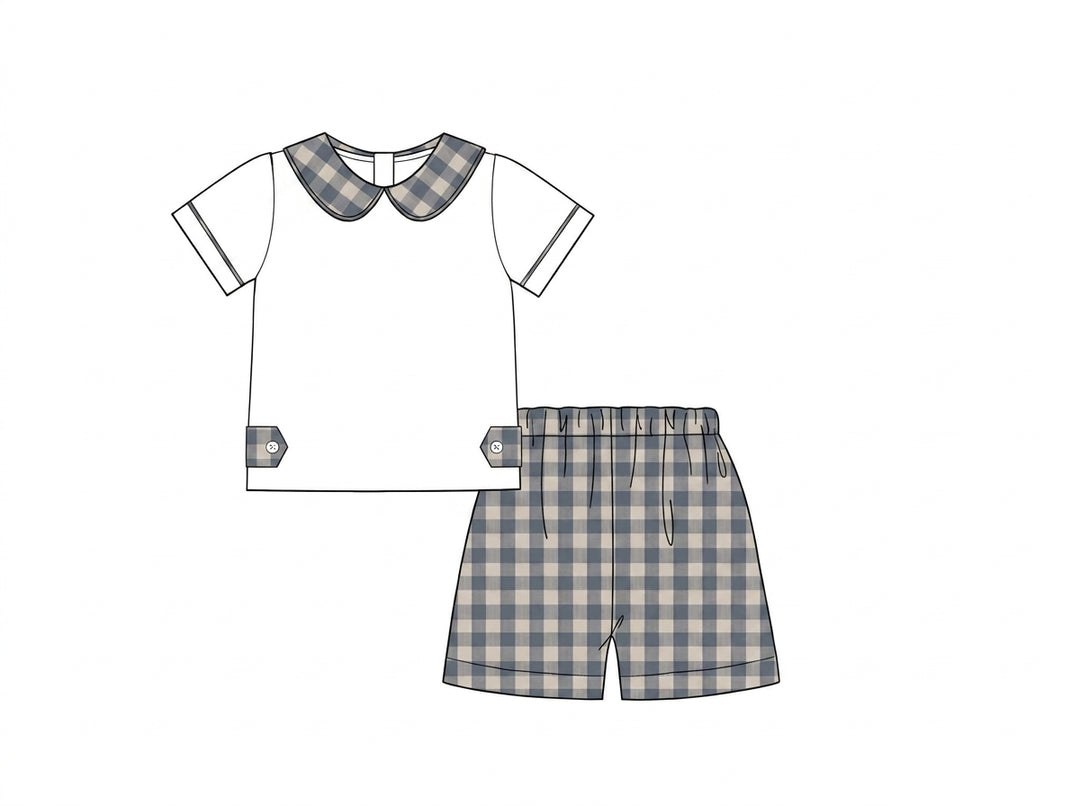 White shirt with blue plaid collar and shorts