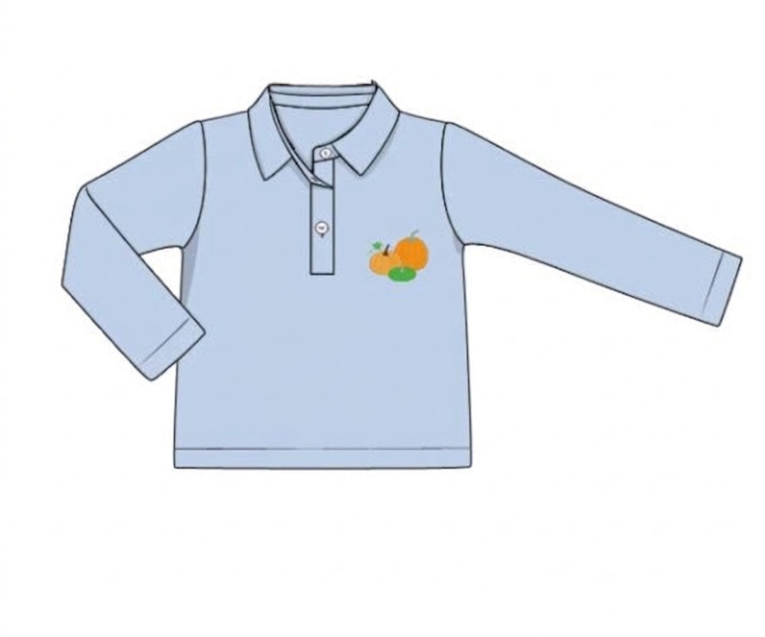 Light blue boys polo shirt with pumpkin embroidery