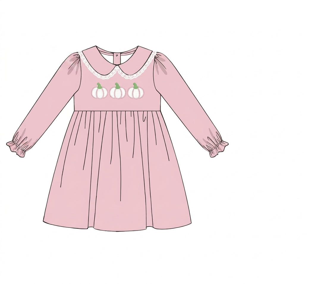 Pink long sleeve dress with pumpkin embroidery and collar