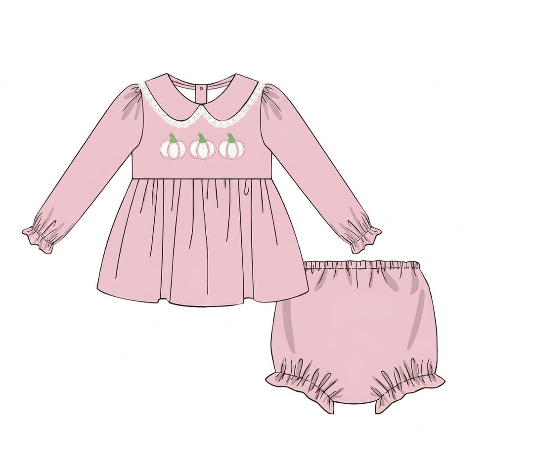 Pink long sleeve pumpkin dress with matching bloomers