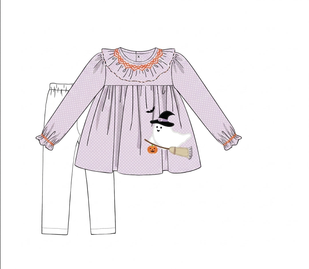 lavender legging set with embroidered ghost and smocked neckline