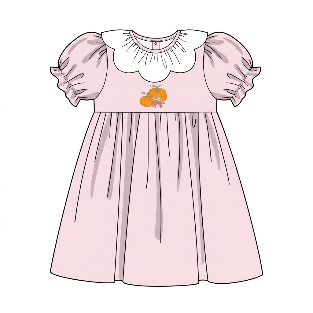 Pink gingham dress with ruffled collar and pumpkin embroidery