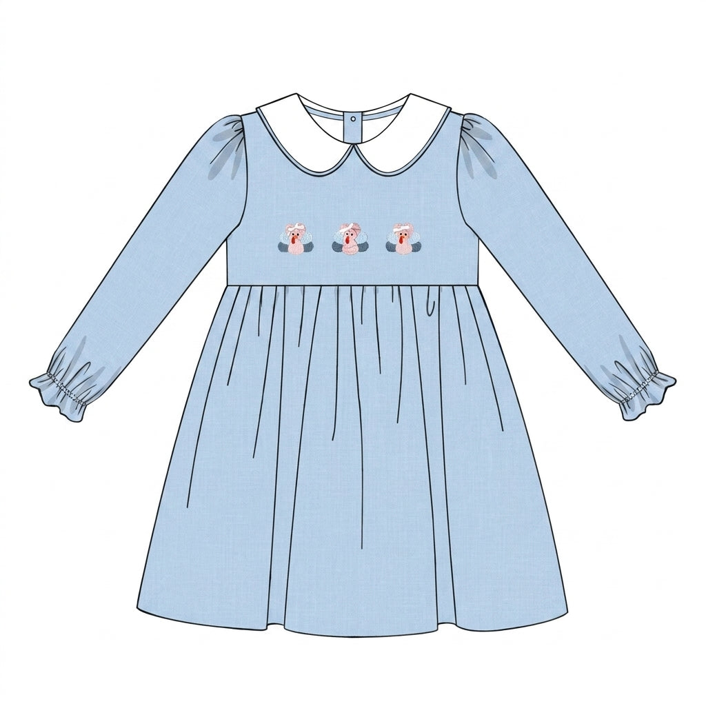 Blue embroidered dress with Peter Pan collar