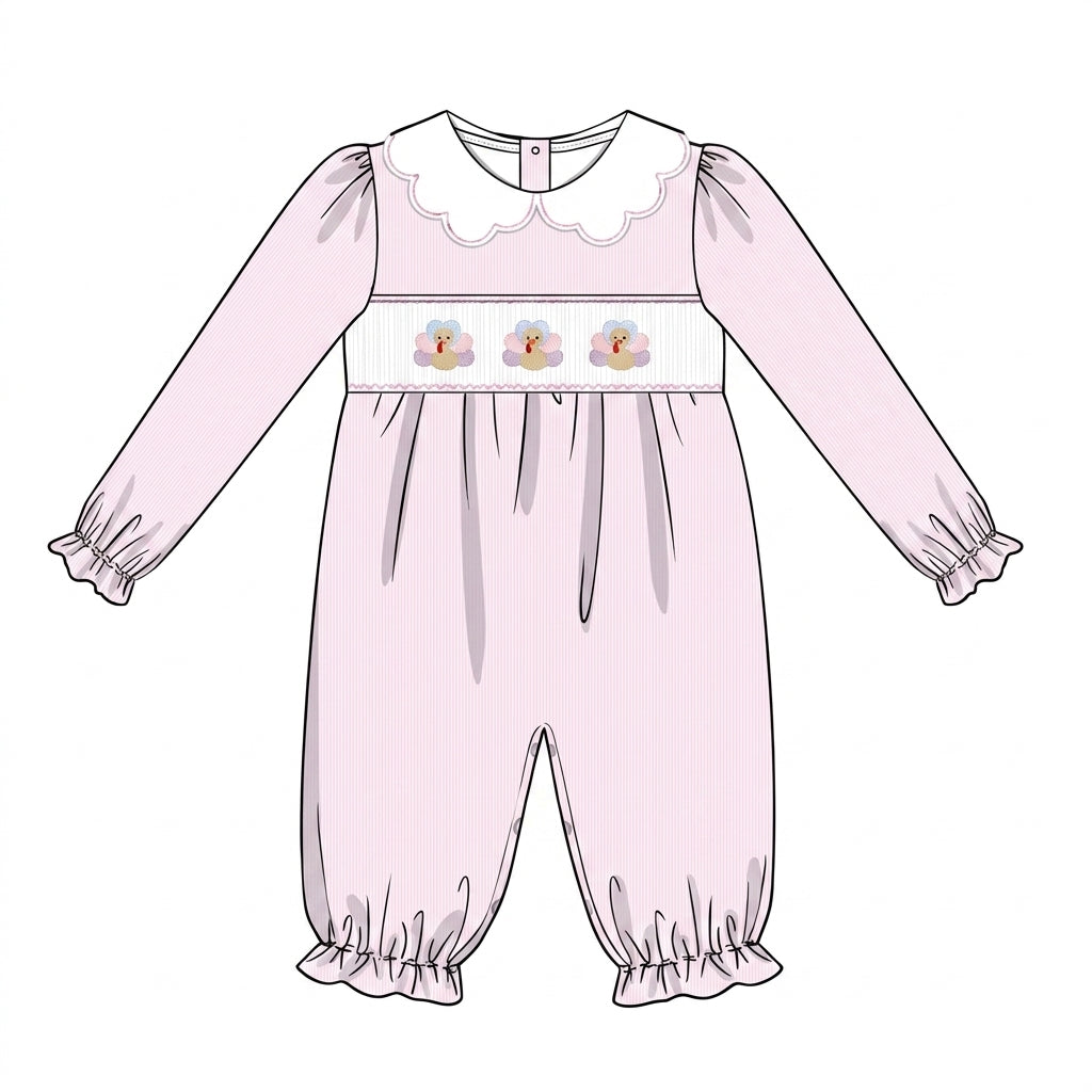 Pink bubble with turkey embroidery and scalloped collar