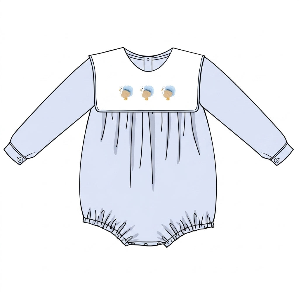 Blue bubble with white bib and turkey embroidery
