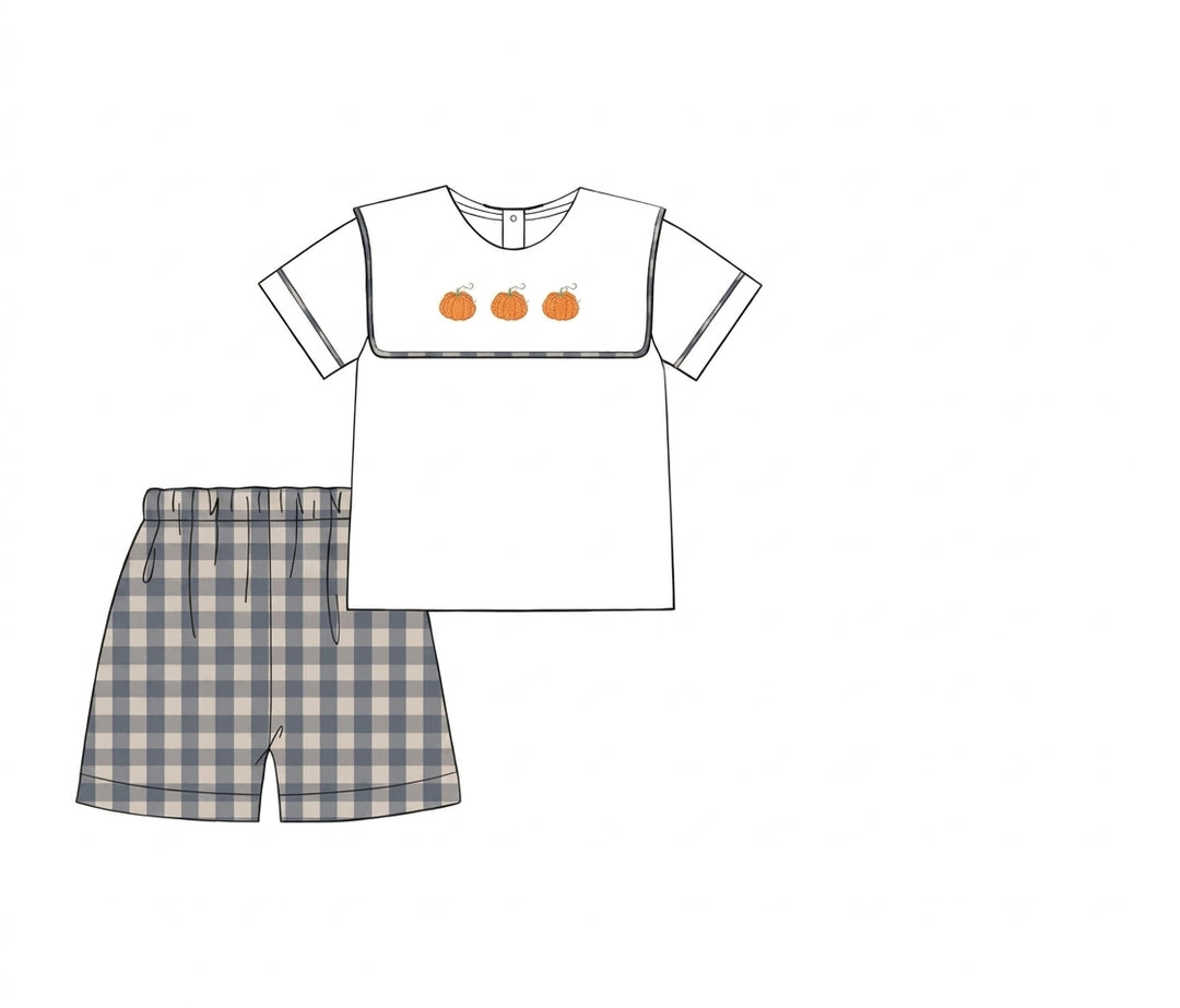 White pumpkin shirt with plaid shorts for boys