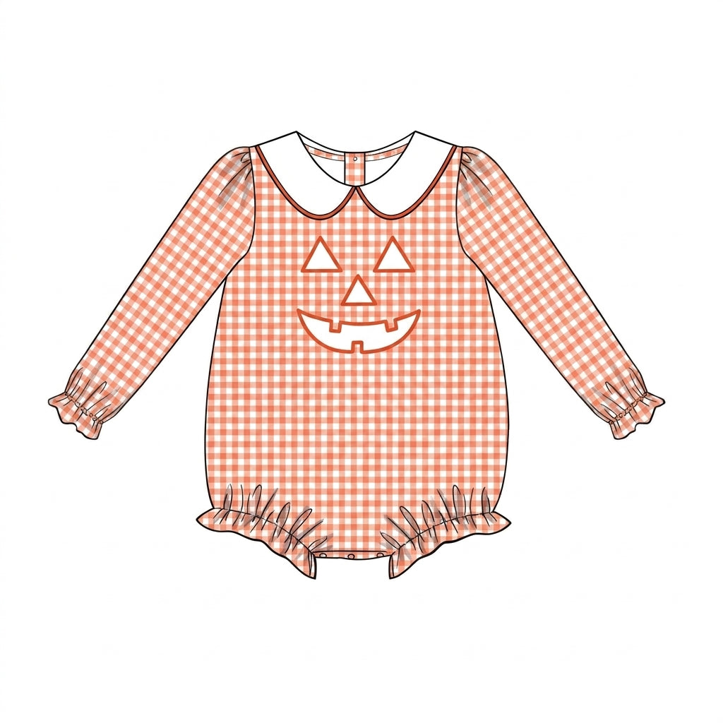 Orange gingham bubble with jack-o'-lantern embroidery