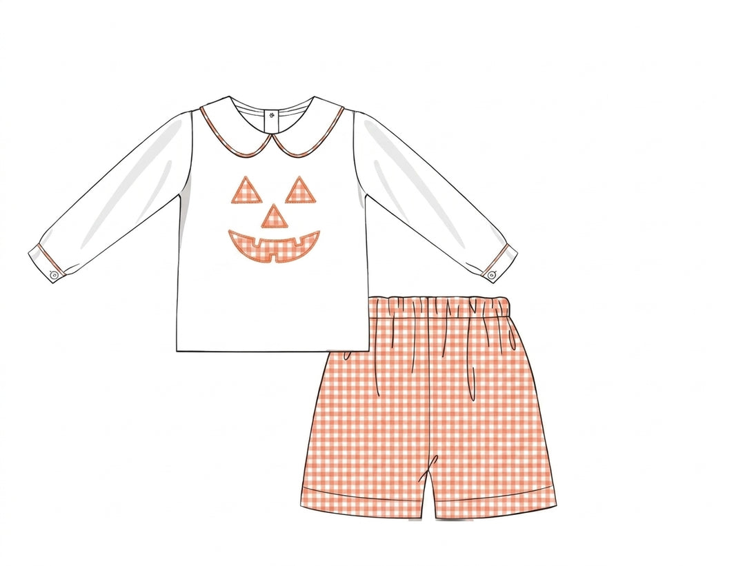 White short set with jack-o'-lantern embroidery and gingham shorts