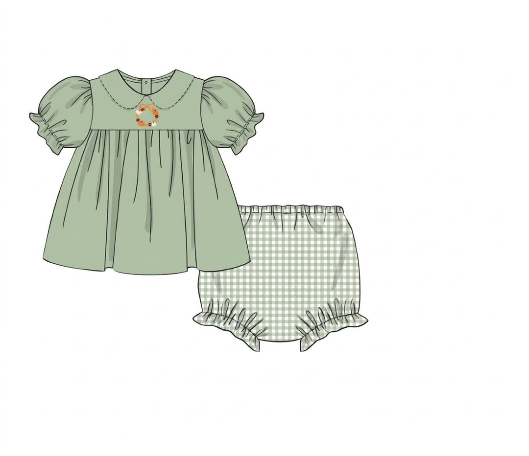 Sage dress with pumpkin wreath and gingham bloomers
