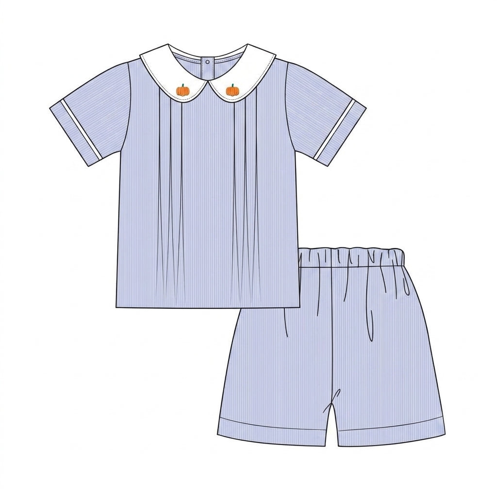 Light blue boys short set with pumpkin collar embroidery