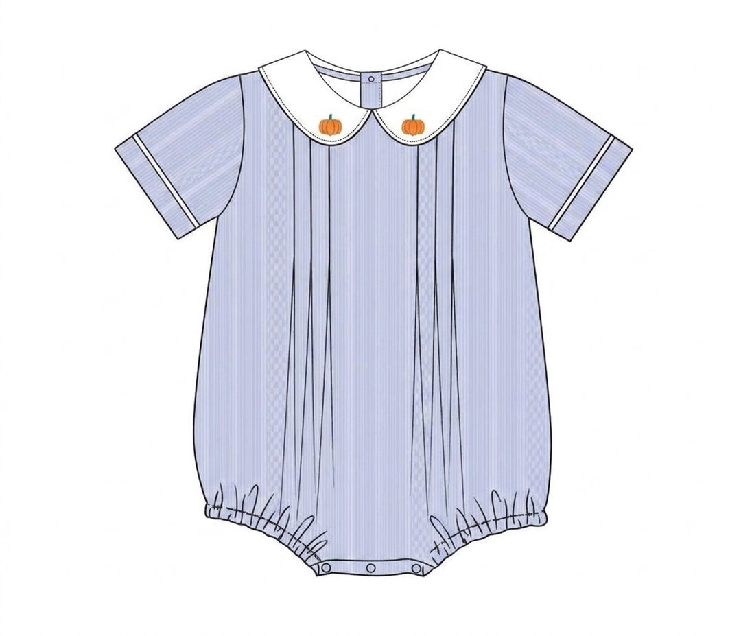 Blue pintuck baby bubble with pumpkin collar embroidery
