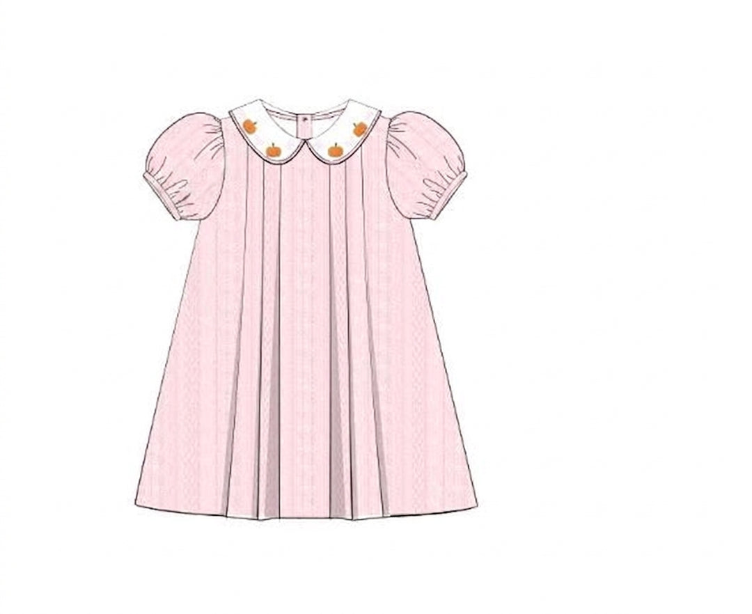 Pink pleated dress with pumpkin embroidered Peter Pan collar