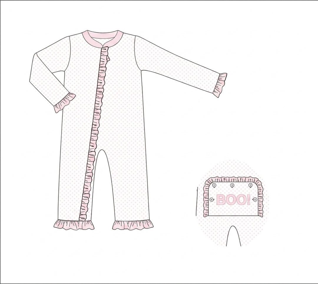 white ruffle pajamas with BOO embroidery