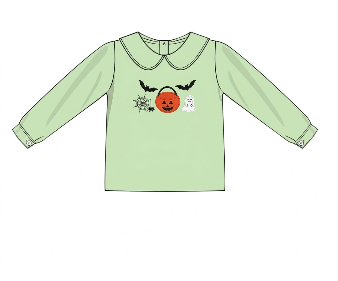 green embroidered Halloween shirt with Peter Pan collar