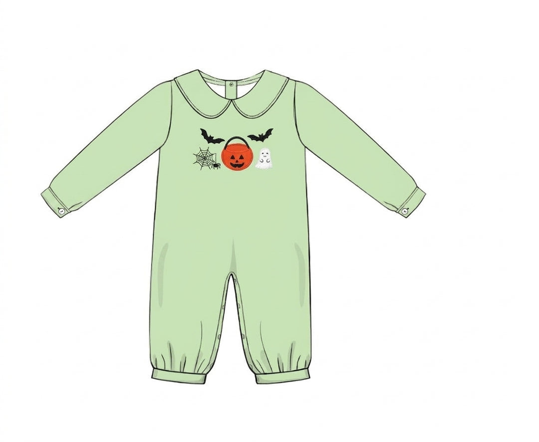 Green romper with Peter Pan collar and Halloween embroidery