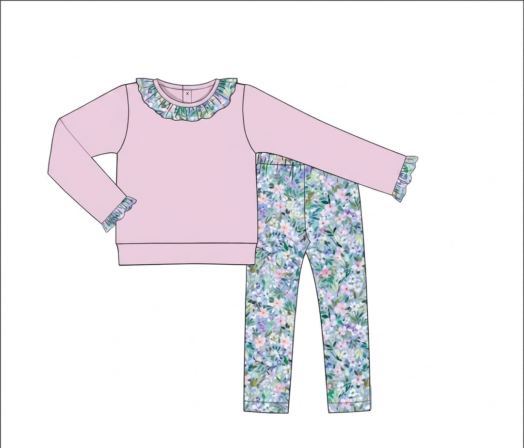 Pink floral ruffle top with matching leggings
