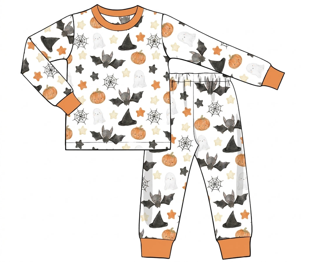White Halloween print pajama set with orange trim