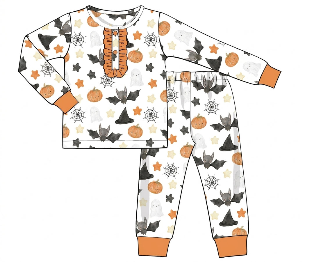 White Halloween pajama set with ghosts and pumpkins