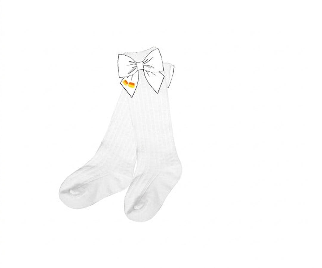 white knee socks with bow and candy corn embroidery