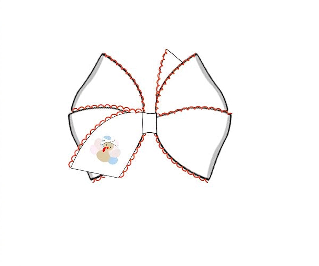 White hair bow with turkey embroidery and orange trim
