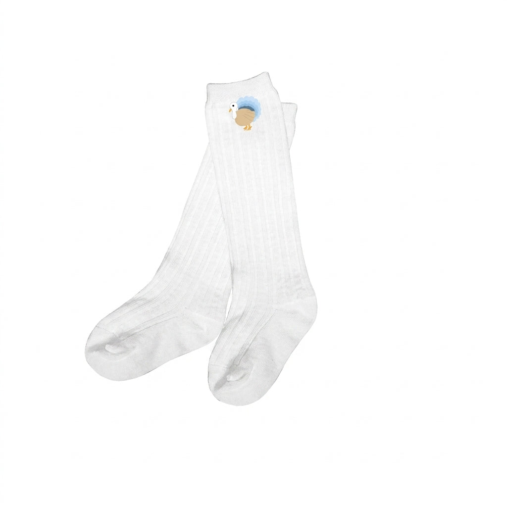 White knee socks with turkey embroidery