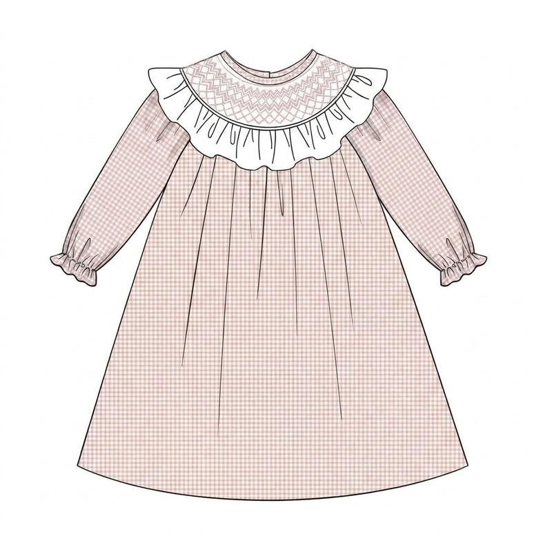 Pink gingham smocked dress with white ruffle collar