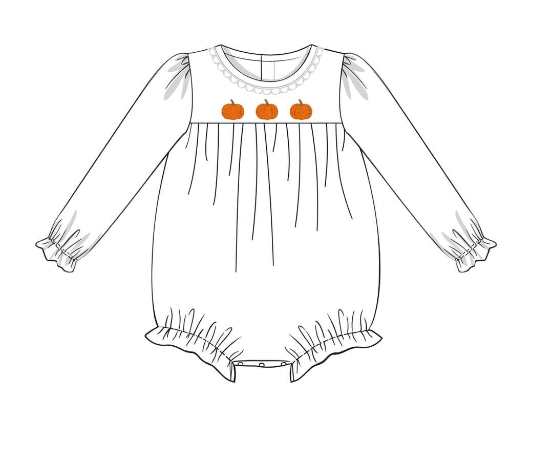 White long sleeve bubble with orange pumpkin embroidery