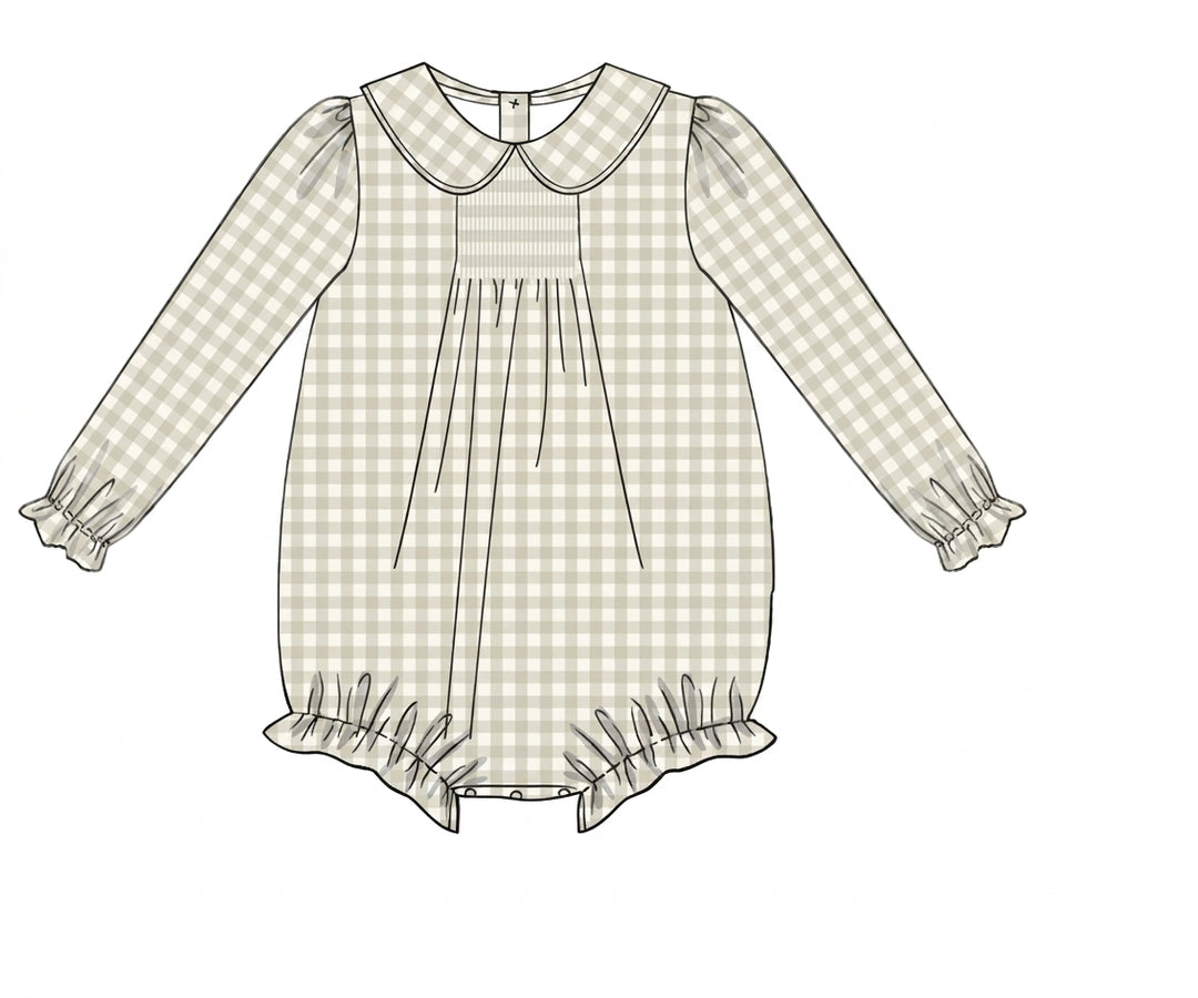 Green gingham long sleeve bubble with ruffle trim
