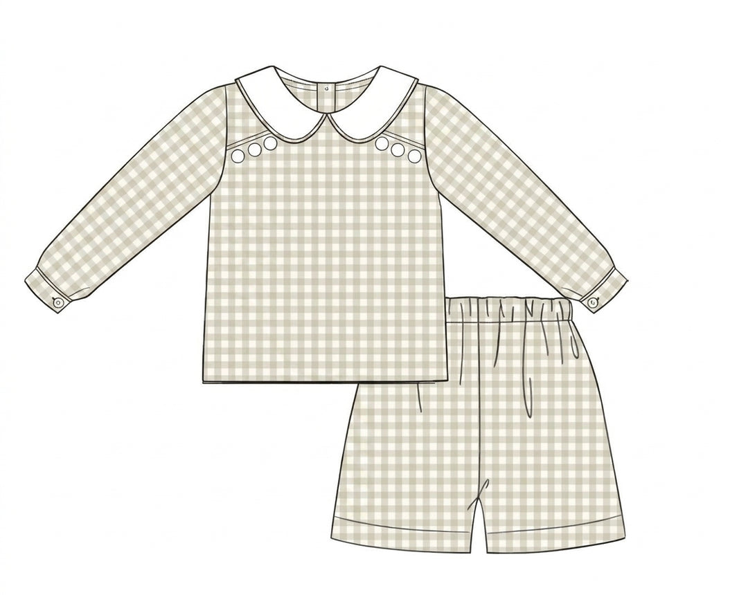 Beige gingham collared shirt with matching shorts